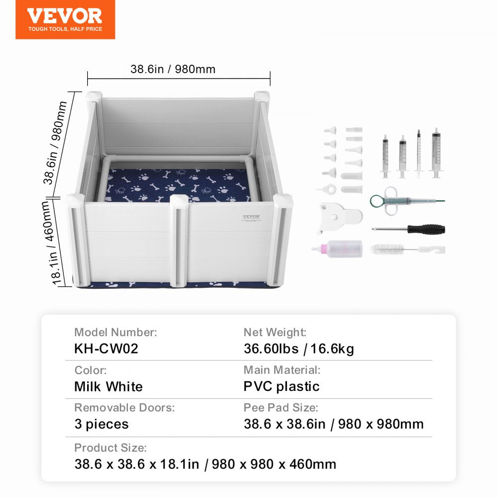 VEVOR Dog Whelping Box 38.6x38.6x18.1in PVC with Rails Pee Pad for Dogs Puppies 