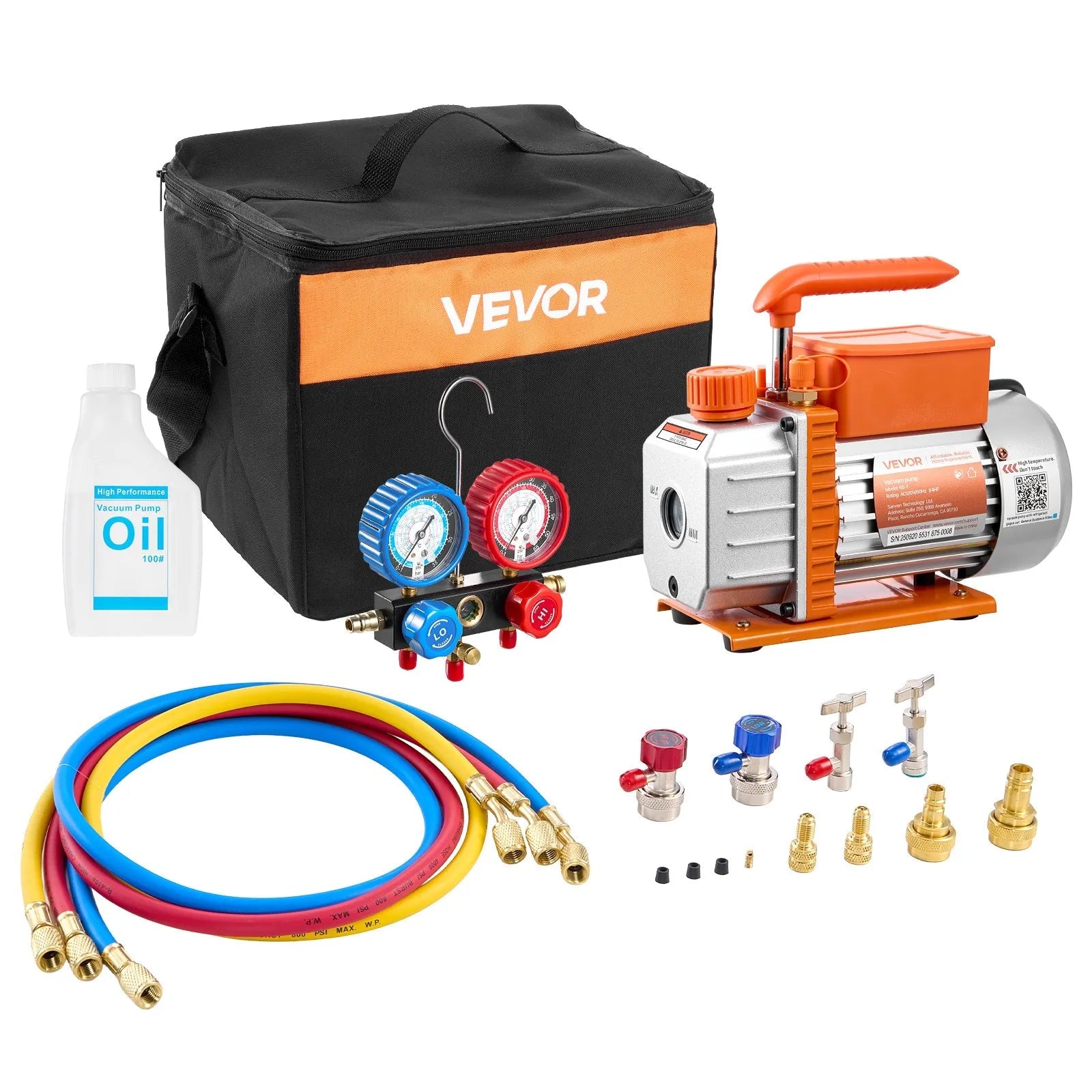 VEVOR AC Vacuum Pump and Gauge Set, 3.5 CFM 1/4 HP, Single Stage Rotary Vane HVAC Vacuum Pump, A/C Manifold Gauge Kit, for R134a R22 R410a R1234YF R32, with Carry Bag, for Auto HVAC Air Conditioning 