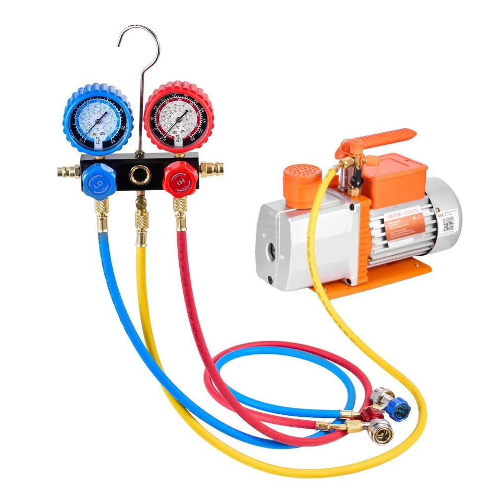 VEVOR AC Vacuum Pump and Gauge Set, 7 CFM 3/4 HP, Two Stage Rotary Vane HVAC Vacuum Pump, A/C Manifold Gauge Kit, for R134a R22 R410a, with Leak Detector Carry Bag Hose, for Auto HVAC Air Conditioning 