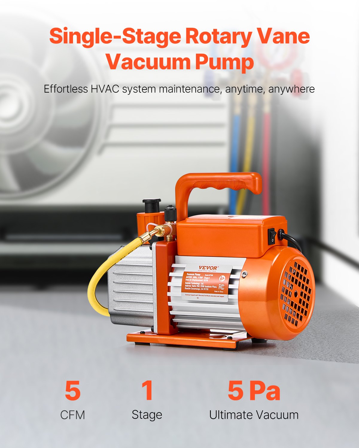 VEVOR Vacuum Pump 5 CFM HVAC Single Stage Rotary Vane Vacuum Pump Oil Included 