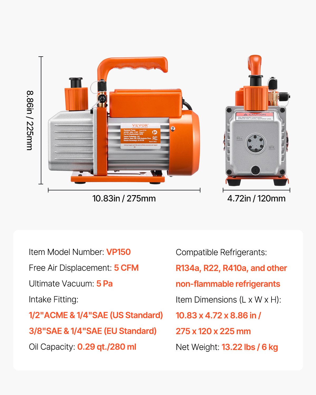 VEVOR Vacuum Pump 5 CFM HVAC Single Stage Rotary Vane Vacuum Pump Oil Included 