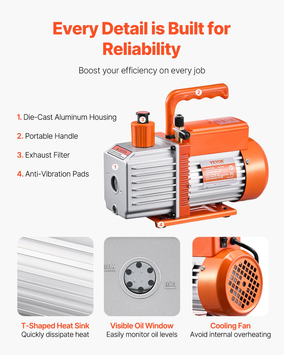 VEVOR Vacuum Pump 6 CFM HVAC 2 Stage Rotary Vane Vacuum Pump Oil Included 