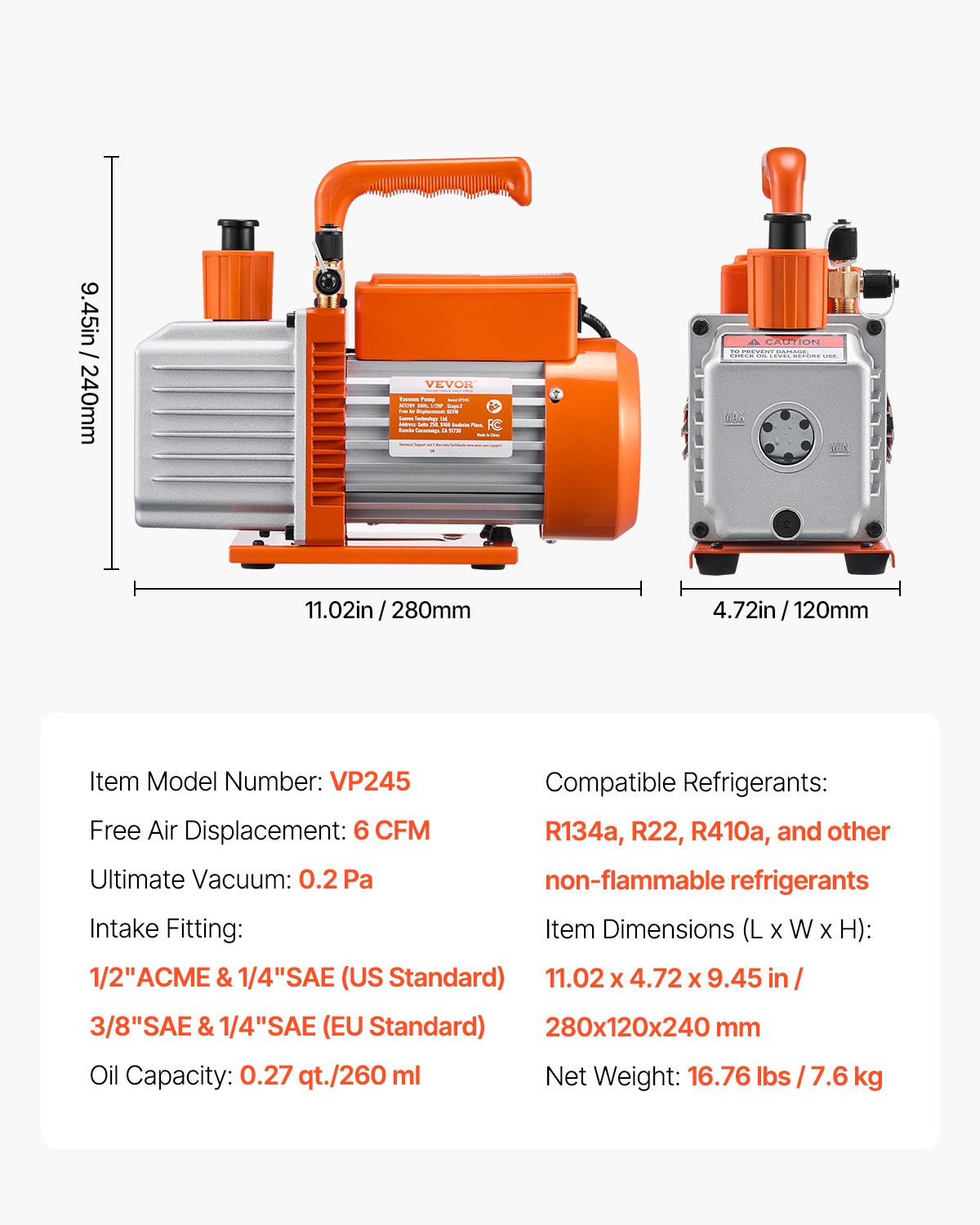 VEVOR Vacuum Pump 6 CFM HVAC 2 Stage Rotary Vane Vacuum Pump Oil Included 
