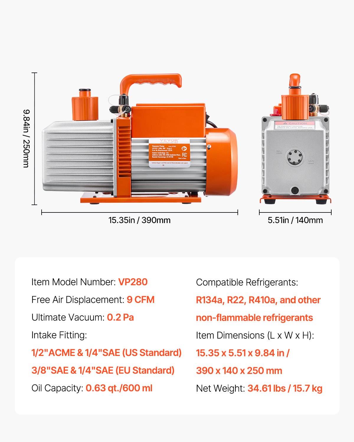 VEVOR Vacuum Pump 9 CFM HVAC 2 Stage Rotary Vane Vacuum Pump Oil Included 