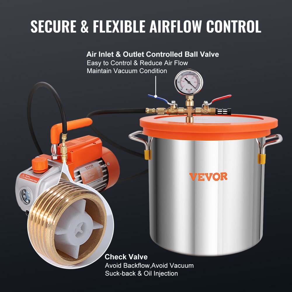 VEVOR 5 Gallon Vacuum Chamber and 3.5 CFM Pump Kit, Tempered Glass Lid Vacuum Degassing Chamber Kit, Single Stage Vacuum Pump with 250 ml Oil Bottle, for Stabilizing Wood, Degassing Silicones, Epoxies 