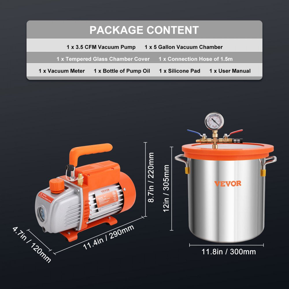 VEVOR 5 Gallon Vacuum Chamber and 3.5 CFM Pump Kit, Tempered Glass Lid Vacuum Degassing Chamber Kit, Single Stage Vacuum Pump with 250 ml Oil Bottle, for Stabilizing Wood, Degassing Silicones, Epoxies 