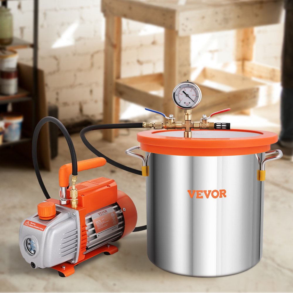 VEVOR 5 Gallon Vacuum Chamber and 3.5 CFM Pump Kit, Tempered Glass Lid Vacuum Degassing Chamber Kit, Single Stage Vacuum Pump with 250 ml Oil Bottle, for Stabilizing Wood, Degassing Silicones, Epoxies 