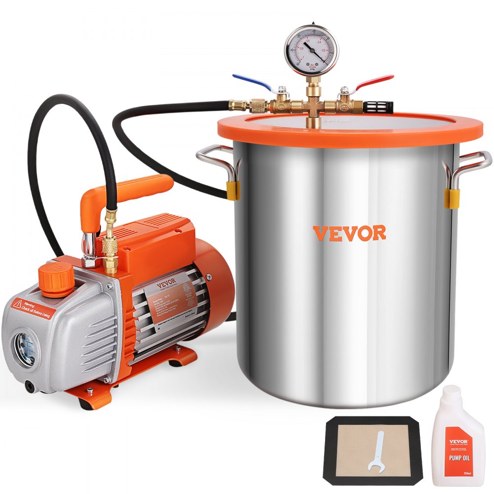 VEVOR 5 Gallon Vacuum Chamber and 3.5 CFM Pump Kit, Tempered Glass Lid Vacuum Degassing Chamber Kit, Single Stage Vacuum Pump with 250 ml Oil Bottle, for Stabilizing Wood, Degassing Silicones, Epoxies 