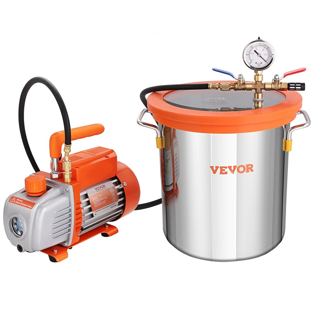 VEVOR 5 Gallon Vacuum Chamber and 3.5 CFM Pump Kit, Tempered Glass Lid Vacuum Degassing Chamber Kit, Single Stage Vacuum Pump with 250 ml Oil Bottle, for Stabilizing Wood, Degassing Silicones, Epoxies 