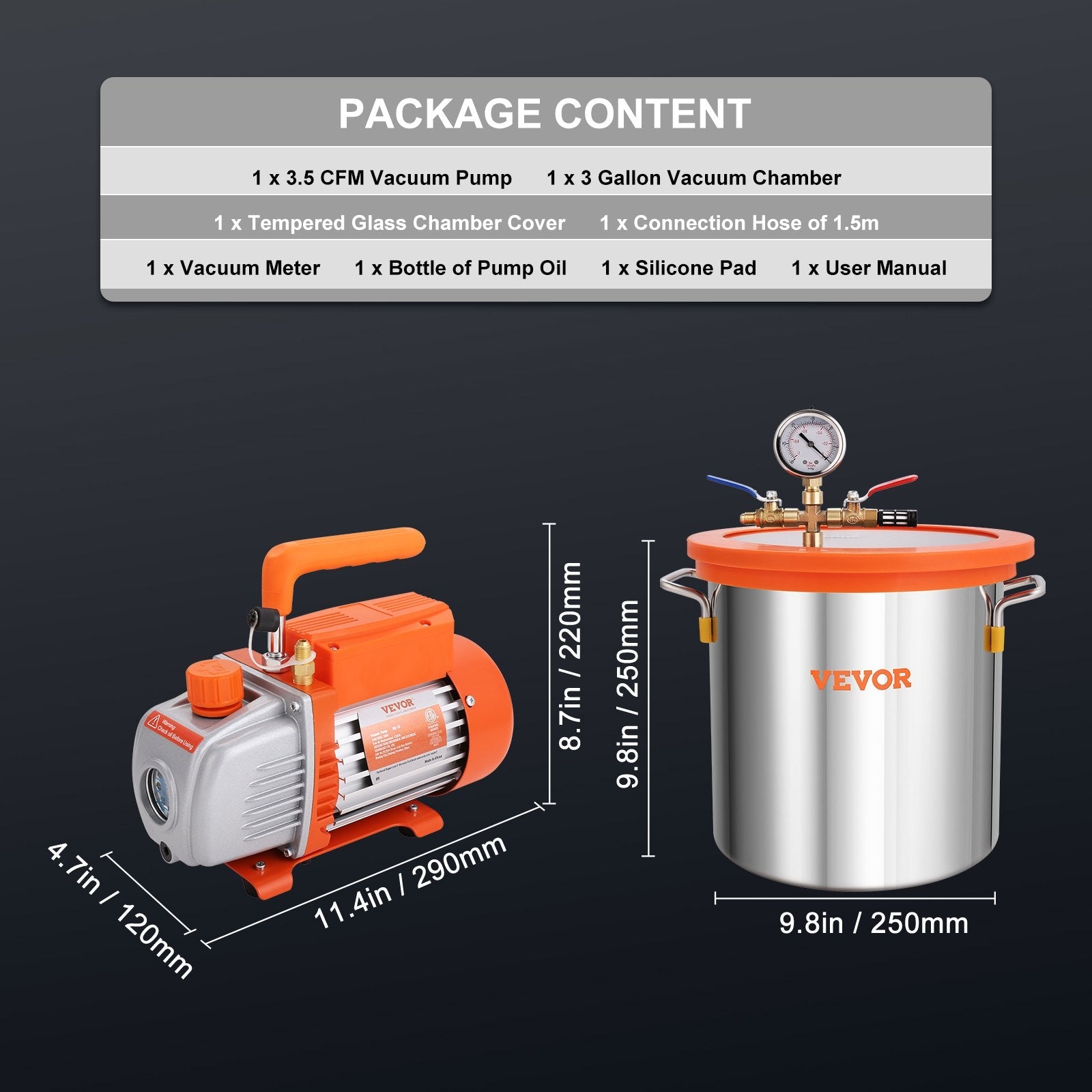 VEVOR 3 Gallon Vacuum Chamber and 3.5 CFM Pump Kit, Tempered Glass Lid Vacuum Degassing Chamber Kit, Single Stage Vacuum Pump with 250 ml Oil Bottle, for Stabilizing Wood, Degassing Silicones, Epoxies 