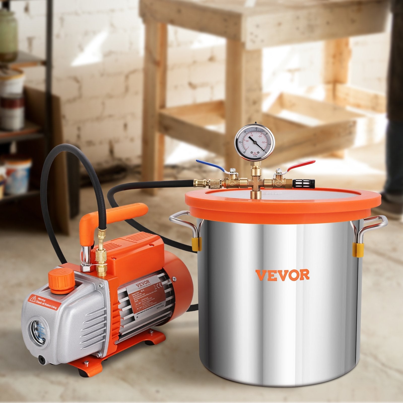VEVOR 3 Gallon Vacuum Chamber and 3.5 CFM Pump Kit, Tempered Glass Lid Vacuum Degassing Chamber Kit, Single Stage Vacuum Pump with 250 ml Oil Bottle, for Stabilizing Wood, Degassing Silicones, Epoxies 
