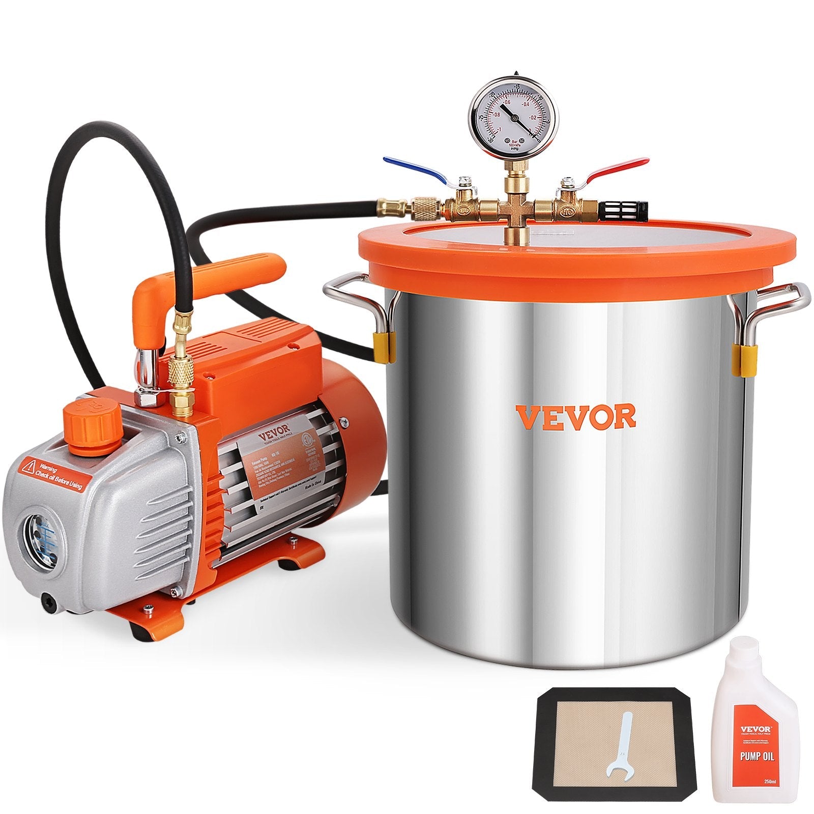 VEVOR 3 Gallon Vacuum Chamber and 3.5 CFM Pump Kit, Tempered Glass Lid Vacuum Degassing Chamber Kit, Single Stage Vacuum Pump with 250 ml Oil Bottle, for Stabilizing Wood, Degassing Silicones, Epoxies 