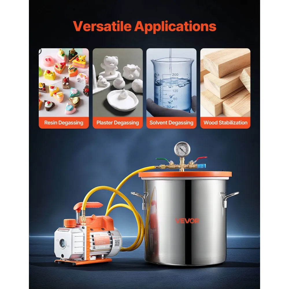 VEVOR 5 Gallon Vacuum Chamber with Pump, 3.5 CFM, Single Stage Vacuum Pump, Stainless Steel Degassing Chamber Kit with Tempered Glass Lid, 5 ft Hose, for Stabilizing Wood Degassing Silicone Resin 