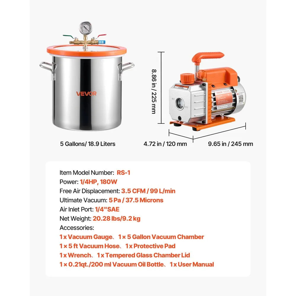 VEVOR 5 Gallon Vacuum Chamber with Pump, 3.5 CFM, Single Stage Vacuum Pump, Stainless Steel Degassing Chamber Kit with Tempered Glass Lid, 5 ft Hose, for Stabilizing Wood Degassing Silicone Resin 