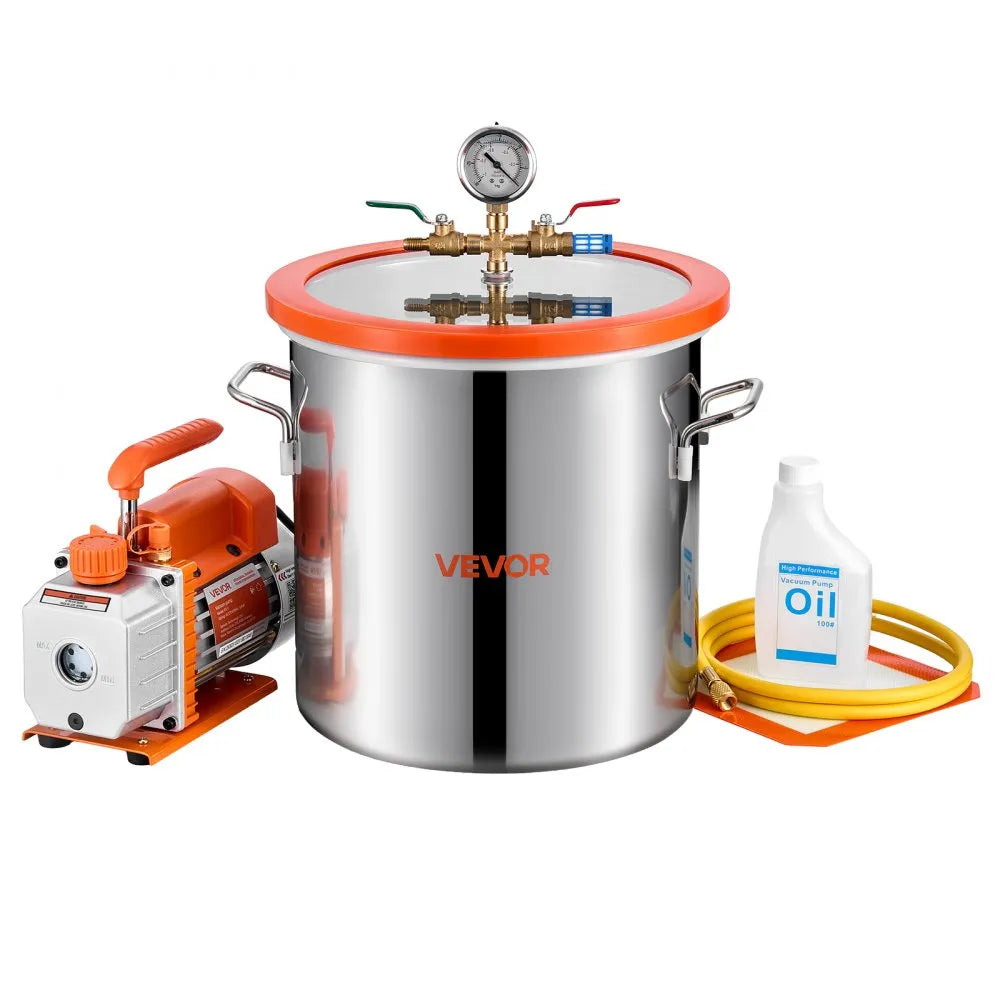 VEVOR 5 Gallon Vacuum Chamber with Pump, 3.5 CFM, Single Stage Vacuum Pump, Stainless Steel Degassing Chamber Kit with Tempered Glass Lid, 5 ft Hose, for Stabilizing Wood Degassing Silicone Resin 