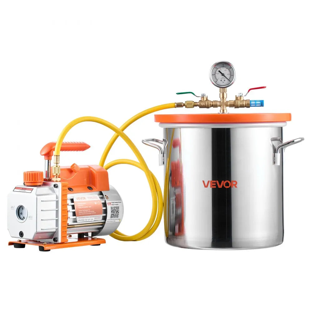 VEVOR 5 Gallon Vacuum Chamber with Pump, 3.5 CFM, Single Stage Vacuum Pump, Stainless Steel Degassing Chamber Kit with Tempered Glass Lid, 5 ft Hose, for Stabilizing Wood Degassing Silicone Resin 