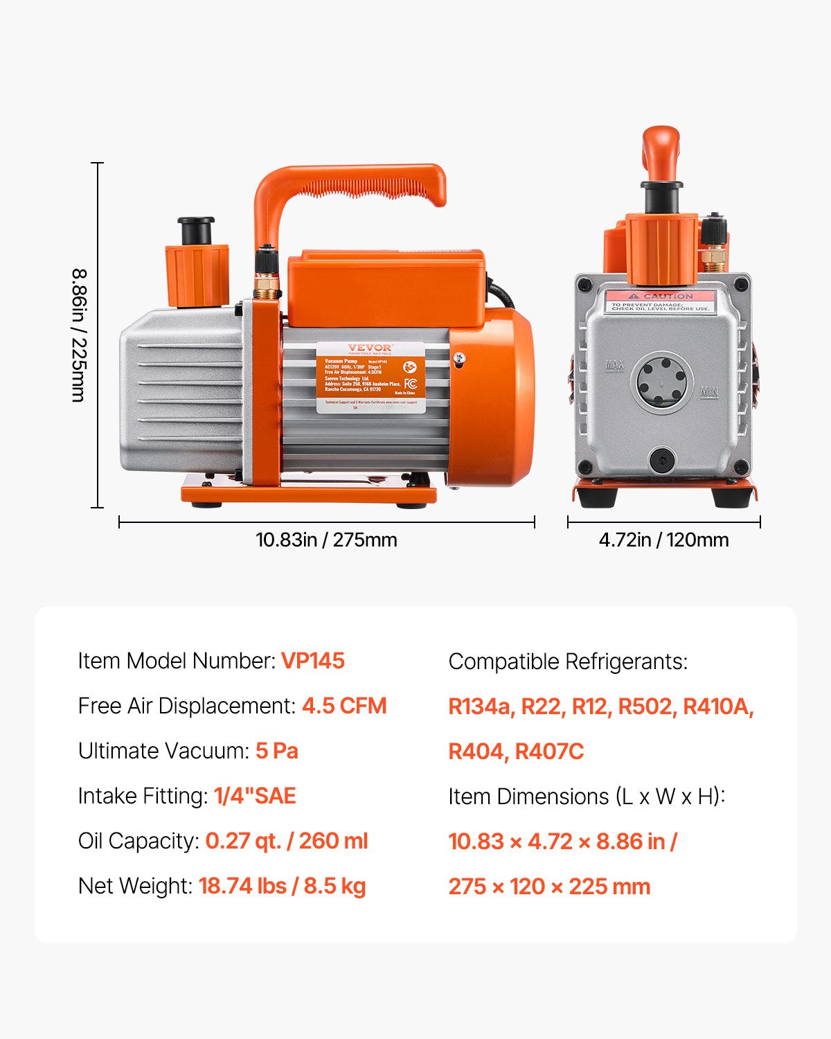 VEVOR 4.5 CFM HVAC Single Stage Rotary Vane Vacuum Pump and Manifold Gauge Kit 