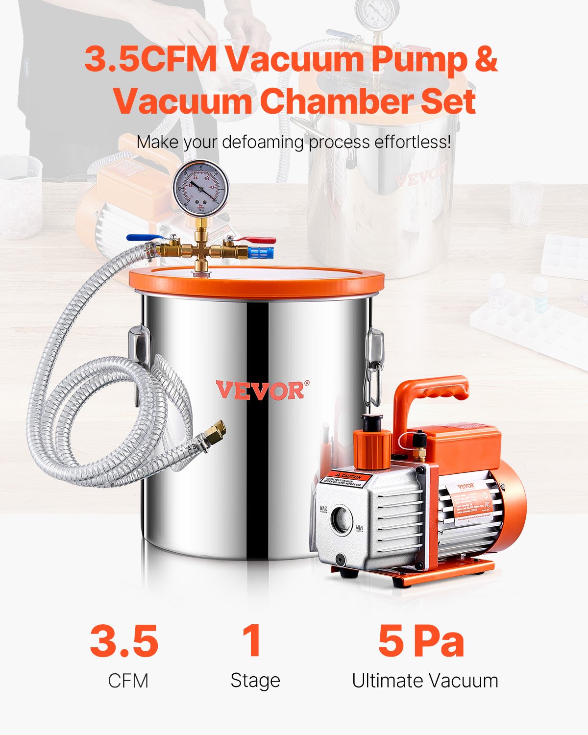VEVOR 5 Gallon Vacuum Chamber 3.5CFM Single Stage Pump Degassing Chamber Kit 
