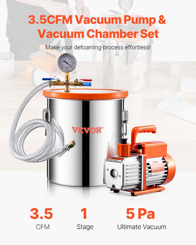 VEVOR 5 Gallon Vacuum Chamber 3.5CFM Single Stage Pump Degassing Chamber Kit 