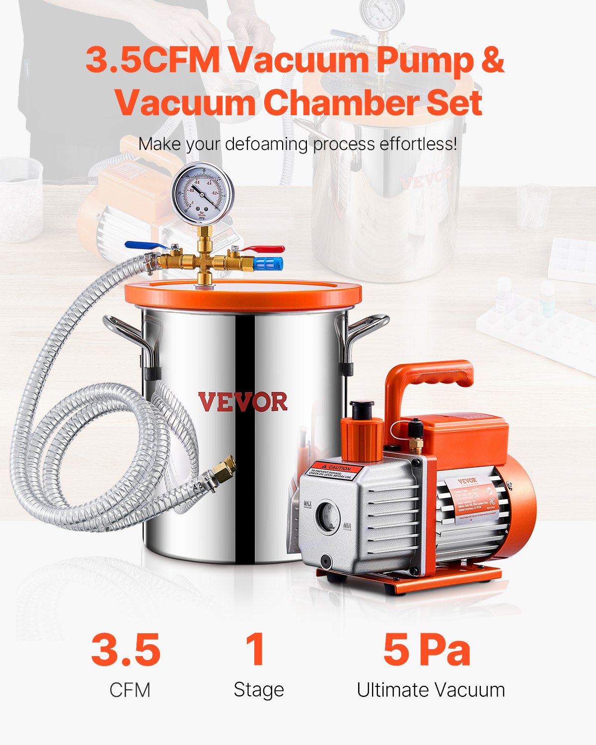 VEVOR 1.5 Gallon Vacuum Chamber 3.5CFM Single Stage Pump Degassing Chamber Kit 