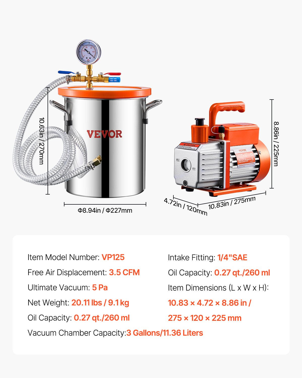 VEVOR 1.5 Gallon Vacuum Chamber 3.5CFM Single Stage Pump Degassing Chamber Kit 