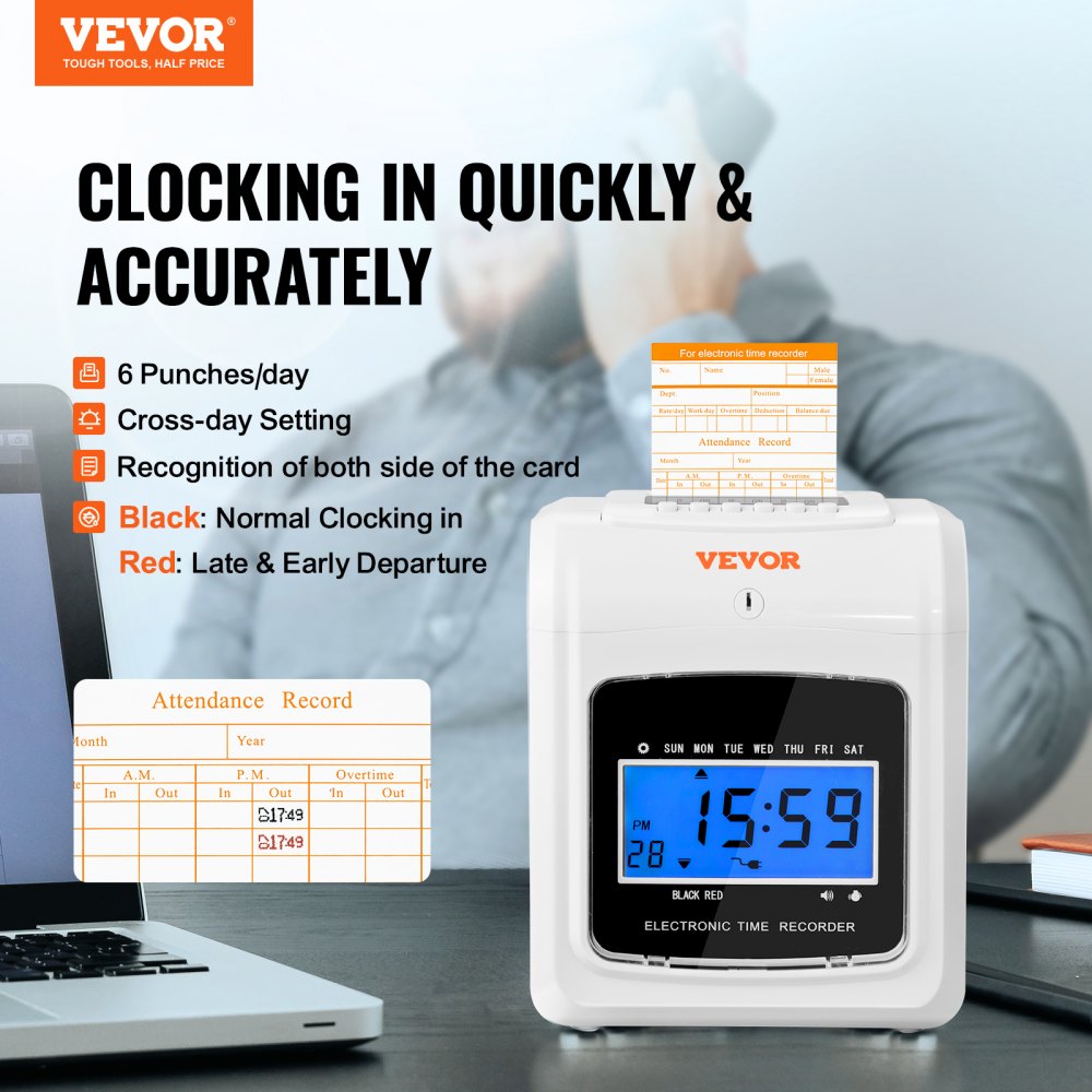 VEVOR Punch Time Clock, Time Tracker Machine for Employees of Small Business, 6 Punches per Day, Time Clock Punch Machine Includes 102 Time Cards, 1 Ink Ribbon and 2 Security Keys 