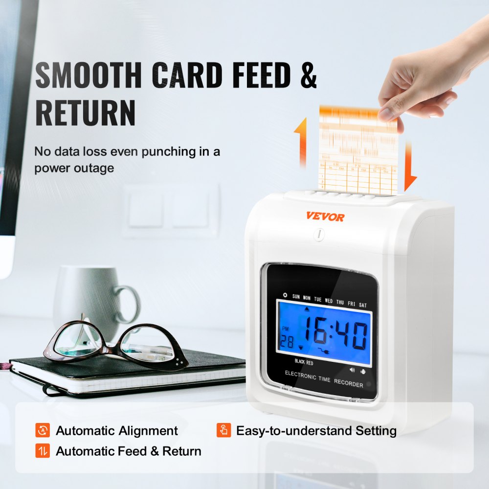 VEVOR Punch Time Clock, Time Tracker Machine for Employees of Small Business, 6 Punches per Day, Time Clock Punch Machine Includes 102 Time Cards, 1 Ink Ribbon and 2 Security Keys 