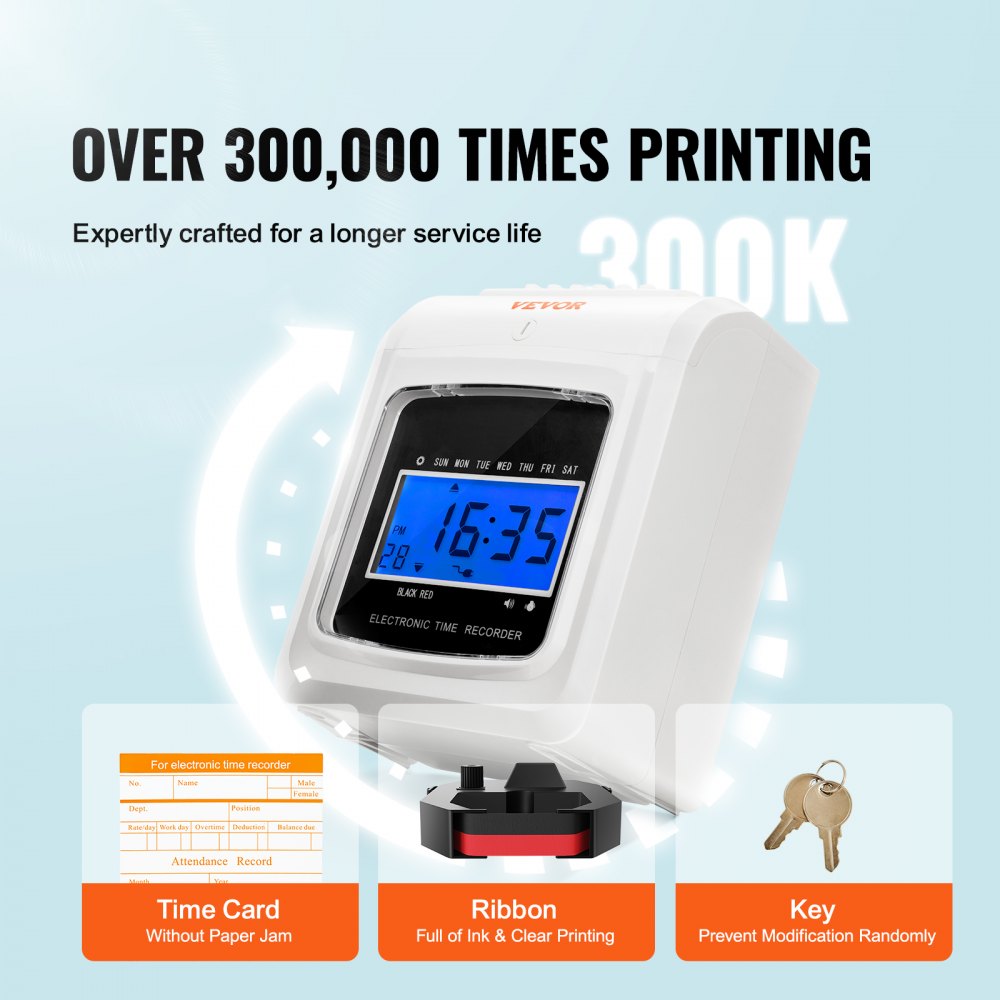VEVOR Punch Time Clock, Time Tracker Machine for Employees of Small Business, 6 Punches per Day, Time Clock Punch Machine Includes 102 Time Cards, 1 Ink Ribbon and 2 Security Keys 