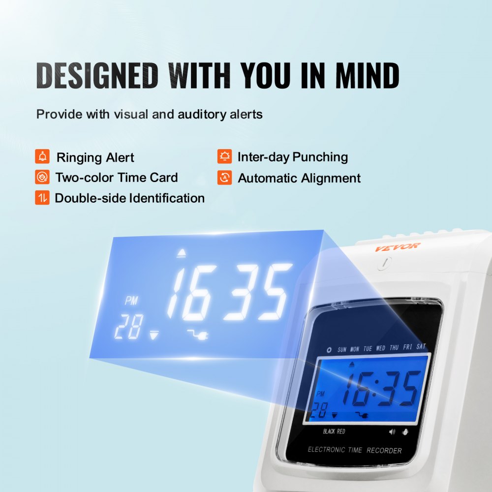 VEVOR Punch Time Clock, Time Tracker Machine for Employees of Small Business, 6 Punches per Day, Time Clock Punch Machine Includes 102 Time Cards, 1 Ink Ribbon and 2 Security Keys 