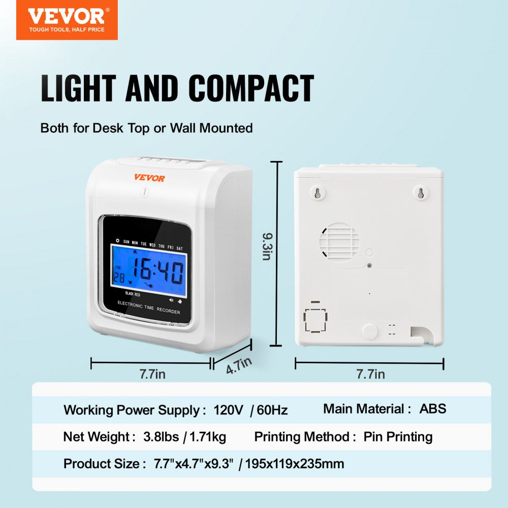 VEVOR Punch Time Clock, Time Tracker Machine for Employees of Small Business, 6 Punches per Day, Time Clock Punch Machine Includes 102 Time Cards, 1 Ink Ribbon and 2 Security Keys 
