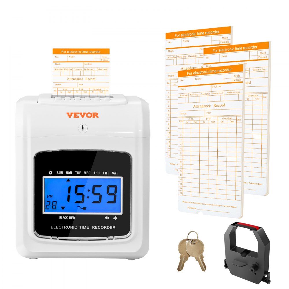 VEVOR Punch Time Clock, Time Tracker Machine for Employees of Small Business, 6 Punches per Day, Time Clock Punch Machine Includes 102 Time Cards, 1 Ink Ribbon and 2 Security Keys 