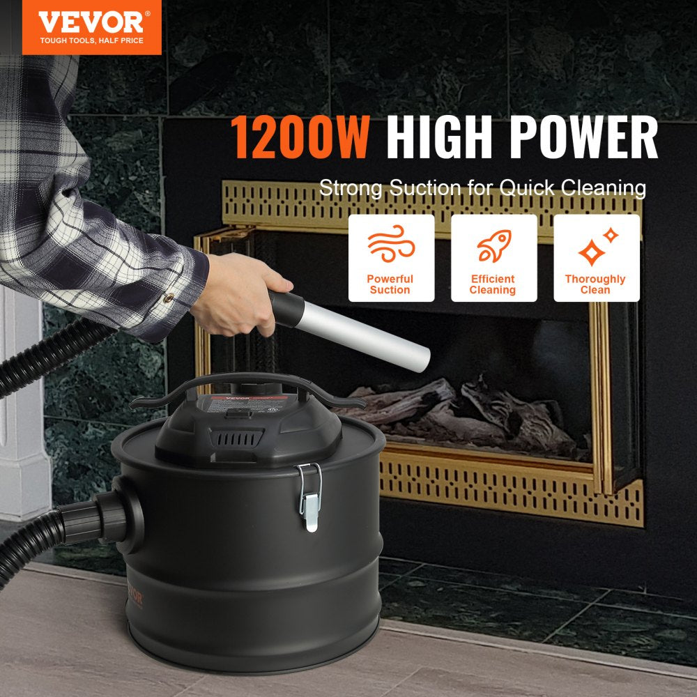 VEVOR Ash Vacuum Cleaner, 4 Gallon with 1200W Powerful Suction, Ash Vac Collector with 47.2 in Flexible Hose, for Fireplaces, Pellet Stoves, Wood Stove, Log Burner, Grills, Pizza Ovens, Fire Pits 