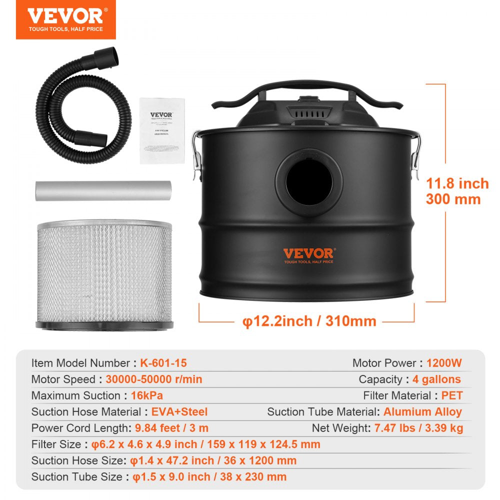 VEVOR Ash Vacuum Cleaner, 4 Gallon with 1200W Powerful Suction, Ash Vac Collector with 47.2 in Flexible Hose, for Fireplaces, Pellet Stoves, Wood Stove, Log Burner, Grills, Pizza Ovens, Fire Pits 