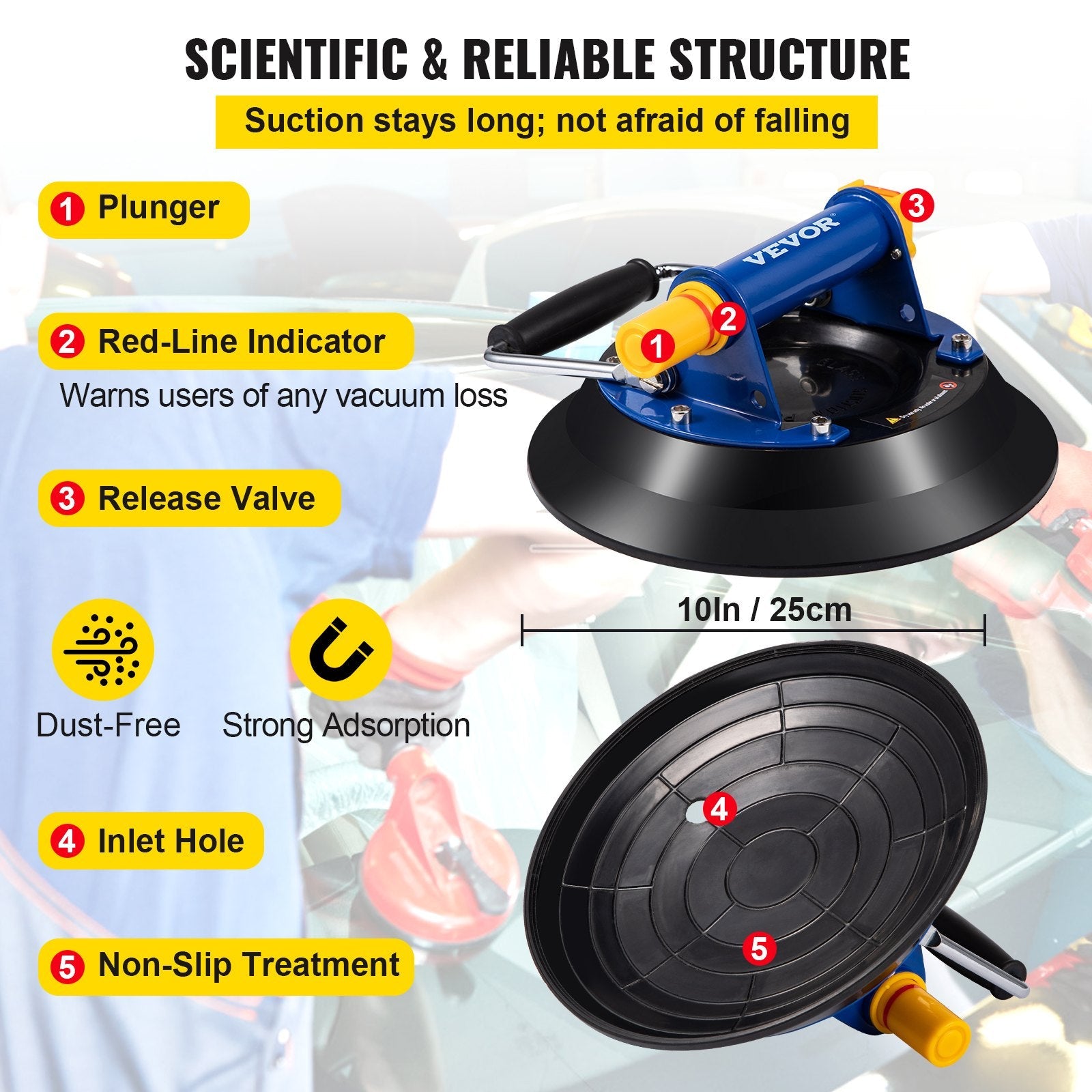 VEVOR Glass Lifting Vacuum Suction Cup, 10\'\' Glass Lifter Suction Cup, 275lbs Load Capacity Glass Lifting Suction Cup, Heavy-Duty Hand-Held Glass Lifter for Moving Large Granite Tile, Replacing Wind 