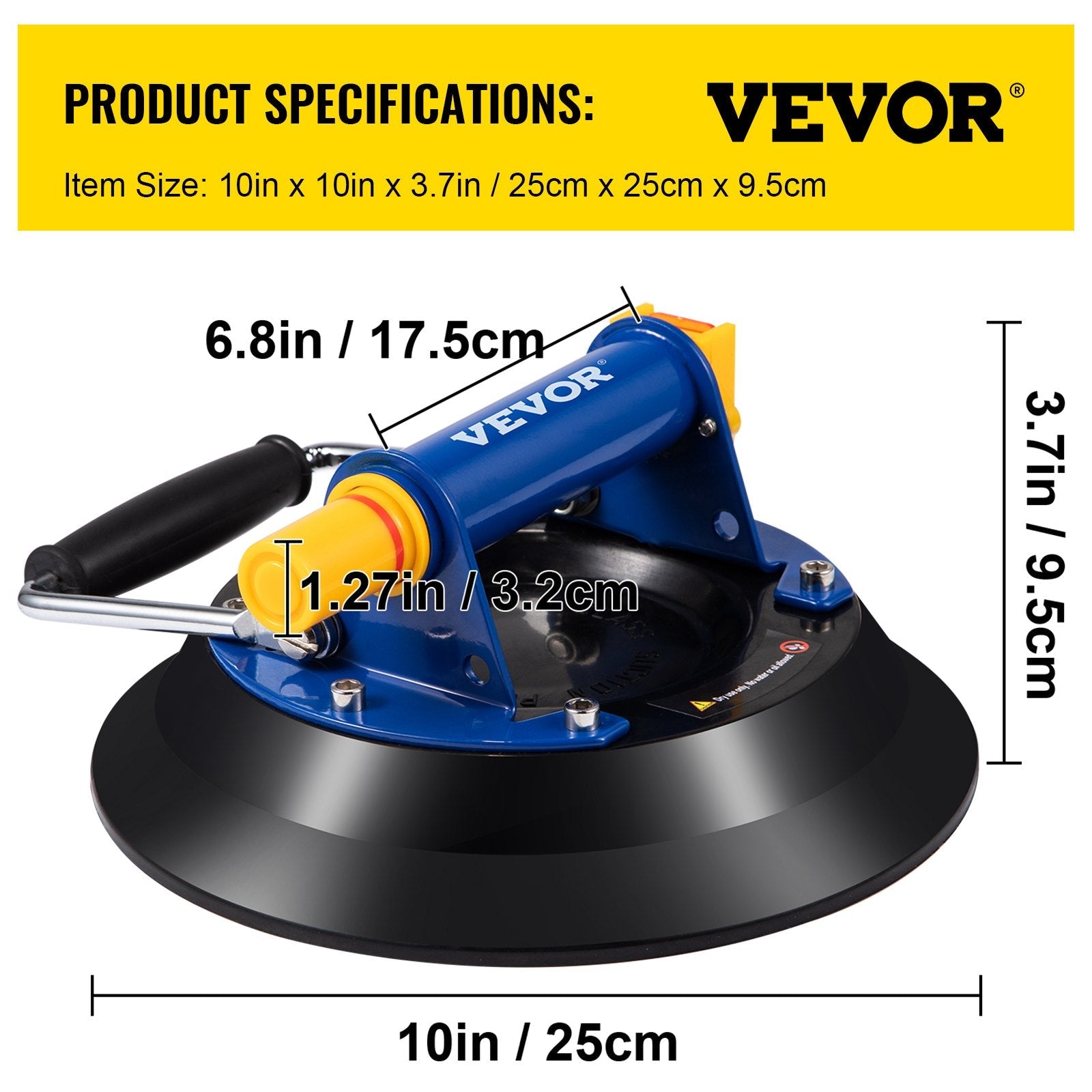 VEVOR Glass Lifting Vacuum Suction Cup, 10\'\' Glass Lifter Suction Cup, 275lbs Load Capacity Glass Lifting Suction Cup, Heavy-Duty Hand-Held Glass Lifter for Moving Large Granite Tile, Replacing Wind 