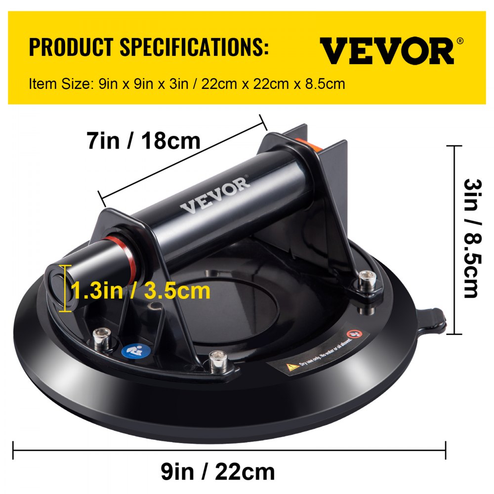 VEVOR Glass Lifting Vacuum Suction Cup, 9\'\' Glass Lifter Suction Cup, 275lbs Load Capacity Glass Lifting Suction Cup, Heavy-Duty Hand-Held Glass Lifter For Moving Large Granite Tile & Replacing Wind 
