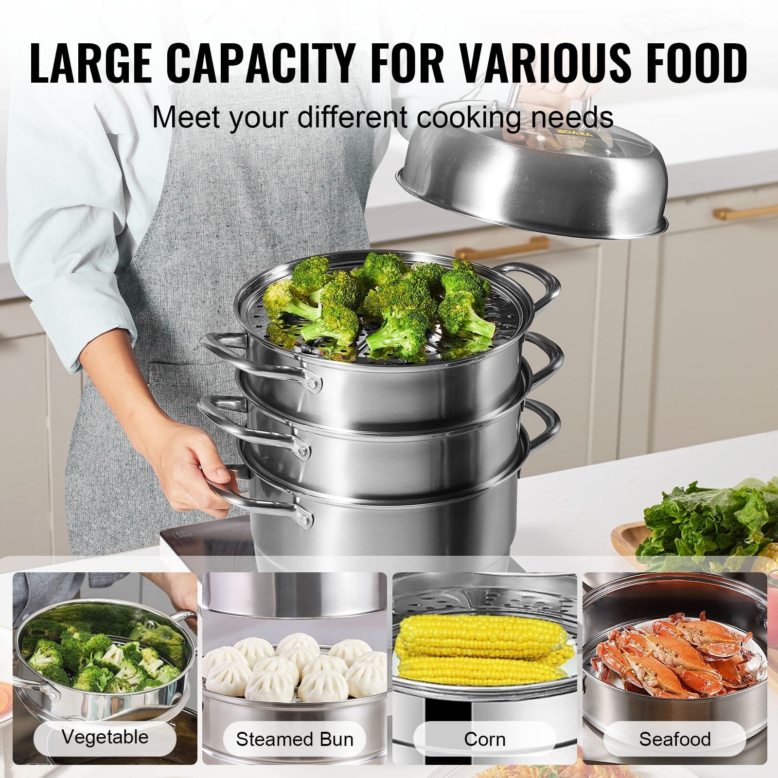 VEVOR 5-Tier Stainless Steel Steamer, 11'' Multi-Layer Cookware Pot with Handles on Both Sides, Work with Gas, Electric, Grill Stove Top, Dia-28cm, Sliver 