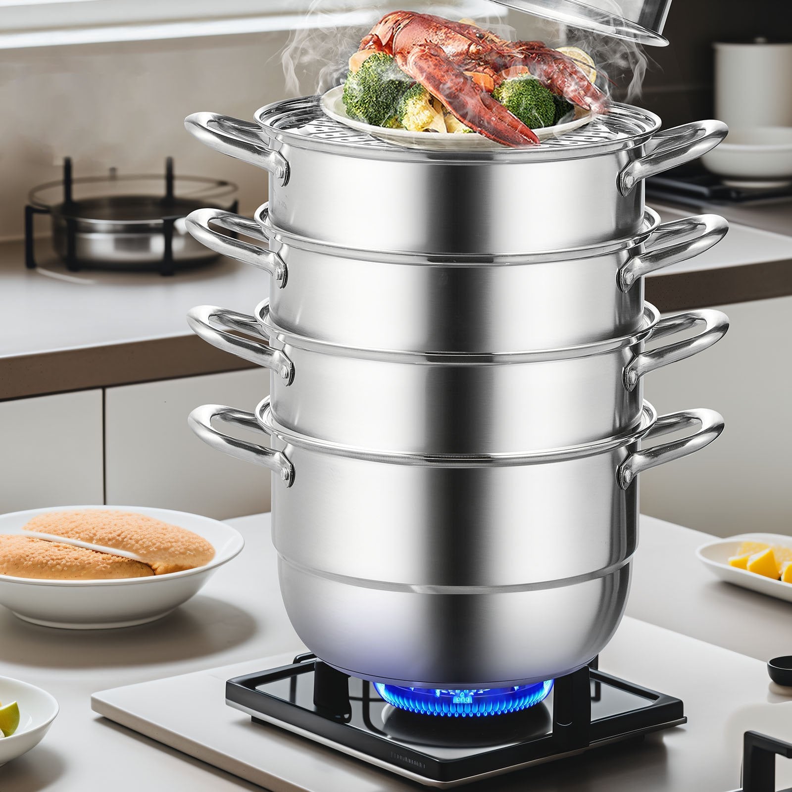 VEVOR 5-Tier Stainless Steel Steamer, 11'' Multi-Layer Cookware Pot with Handles on Both Sides, Work with Gas, Electric, Grill Stove Top, Dia-28cm, Sliver 