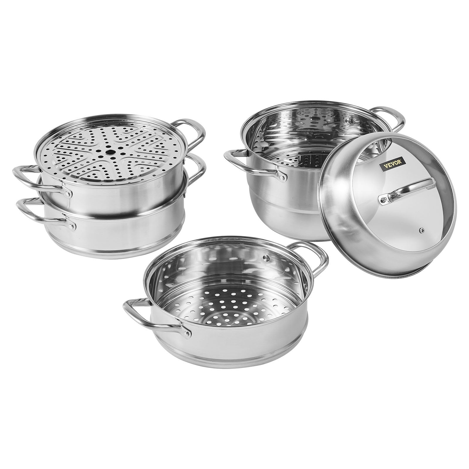 VEVOR 5-Tier Stainless Steel Steamer, 11'' Multi-Layer Cookware Pot with Handles on Both Sides, Work with Gas, Electric, Grill Stove Top, Dia-28cm, Sliver 