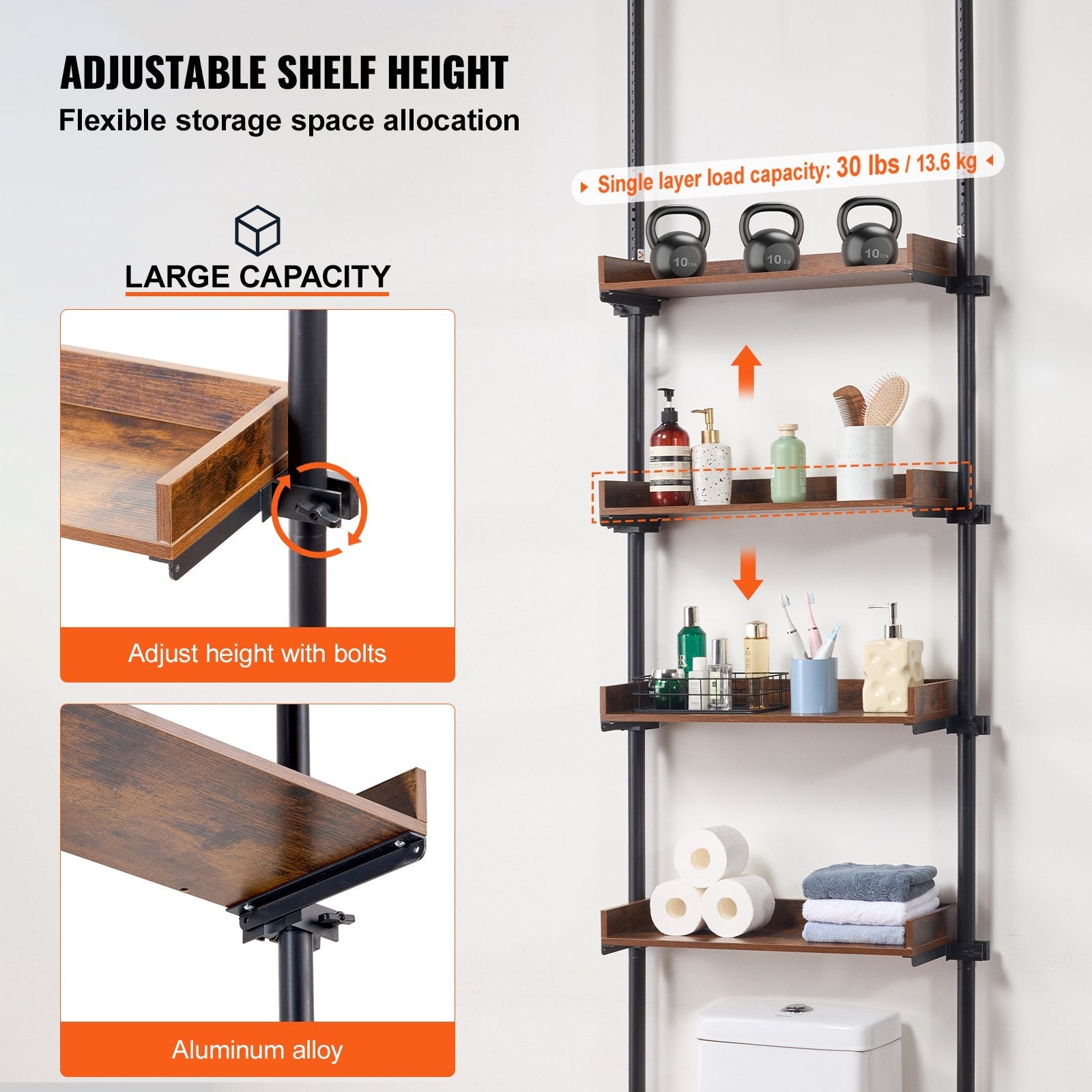 VEVOR Over the Toilet Storage 4-Tier Bathroom Shelf Rack Space Saver Organizer 