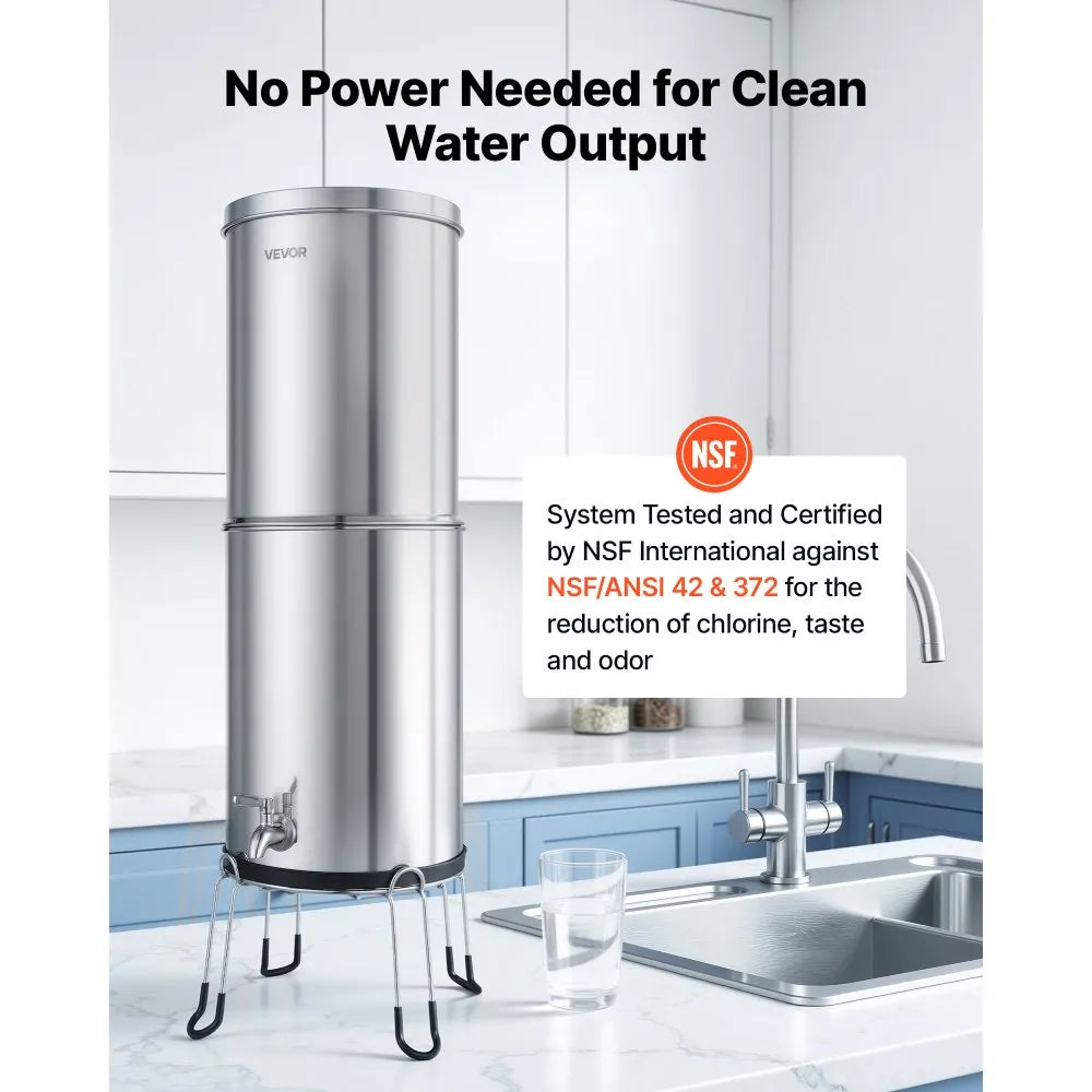 Gravity-Fed Water Filter System 3.25 Gallon | 304 Stainless Steel Countertop Water Filtration System with Stand & Filters