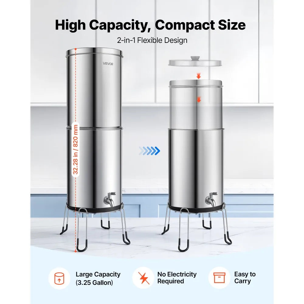 Gravity-Fed Water Filter System 3.25 Gallon | 304 Stainless Steel Countertop Water Filtration System with Stand & Filters