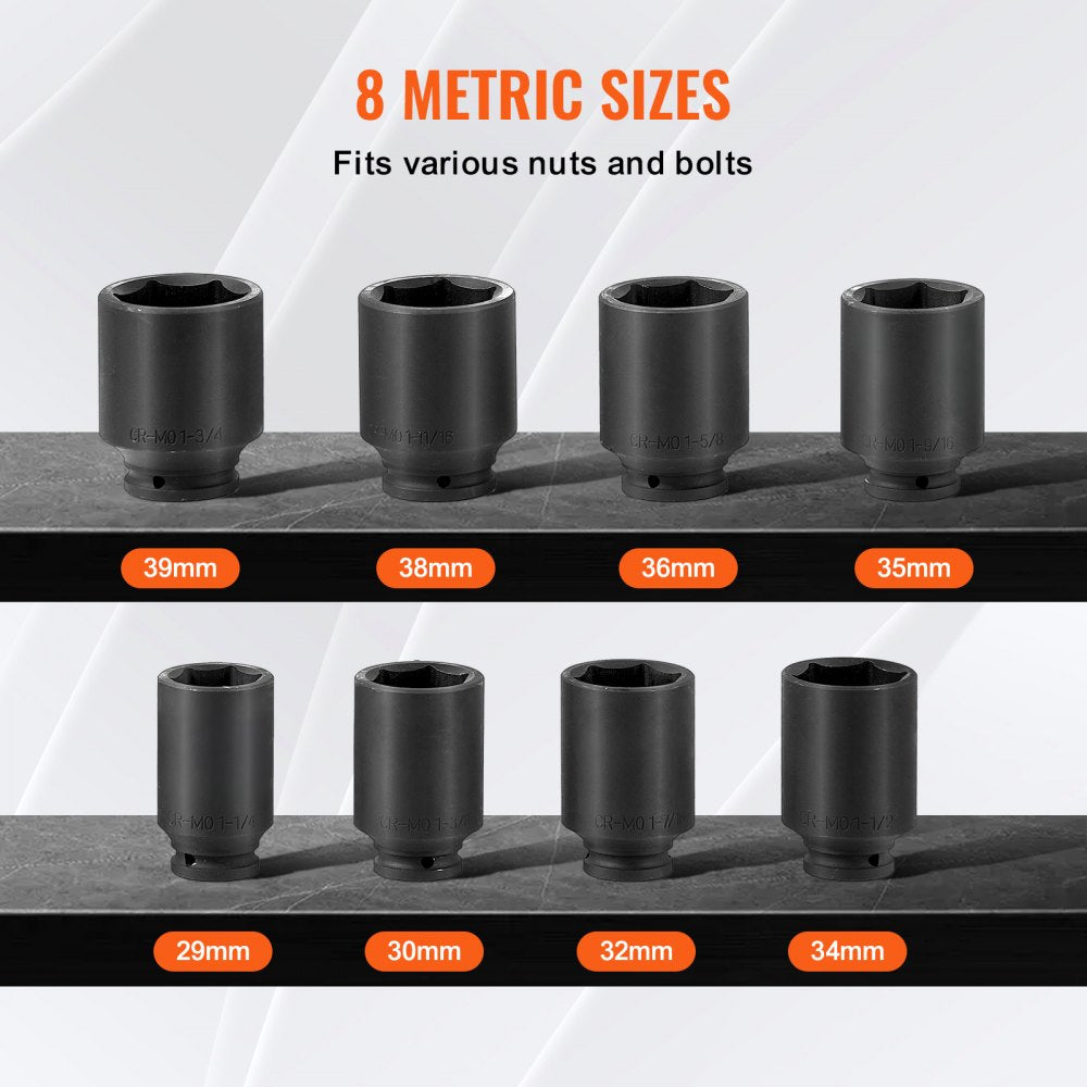 VEVOR Axle Nut Impact Socket Set 1/2" Drive Deep 12-Point 8PCS Metric Nut Socket 