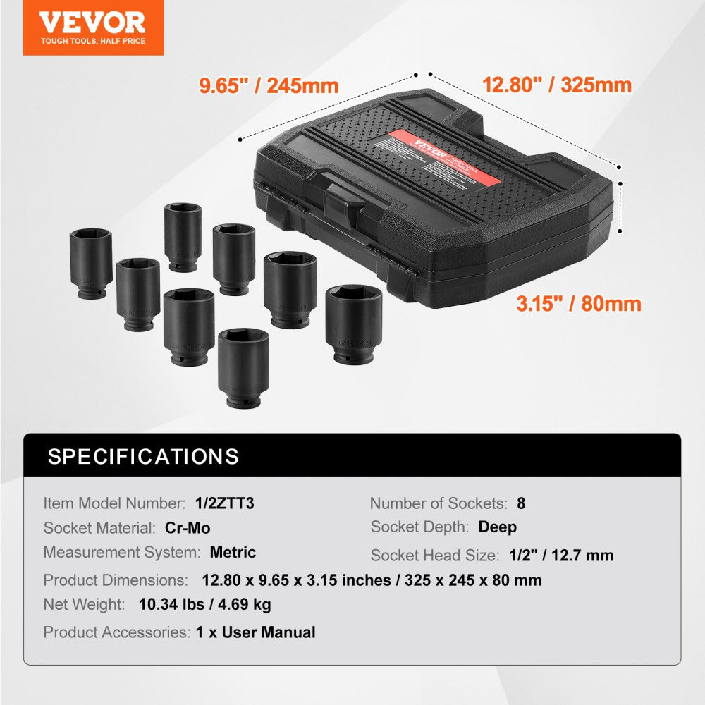 VEVOR Axle Nut Impact Socket Set 1/2" Drive Deep 12-Point 8PCS Metric Nut Socket 