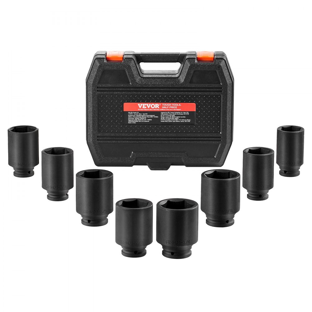 VEVOR Axle Nut Impact Socket Set 1/2" Drive Deep 12-Point 8PCS Metric Nut Socket 