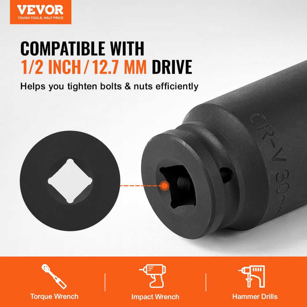 VEVOR Axle Nut Impact Socket Set 1/2" Drive Deep 6+12-Point 14PCS Metric Socket 