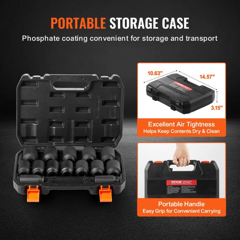 VEVOR Axle Nut Impact Socket Set 1/2" Drive Deep 6+12-Point 14PCS Metric Socket 