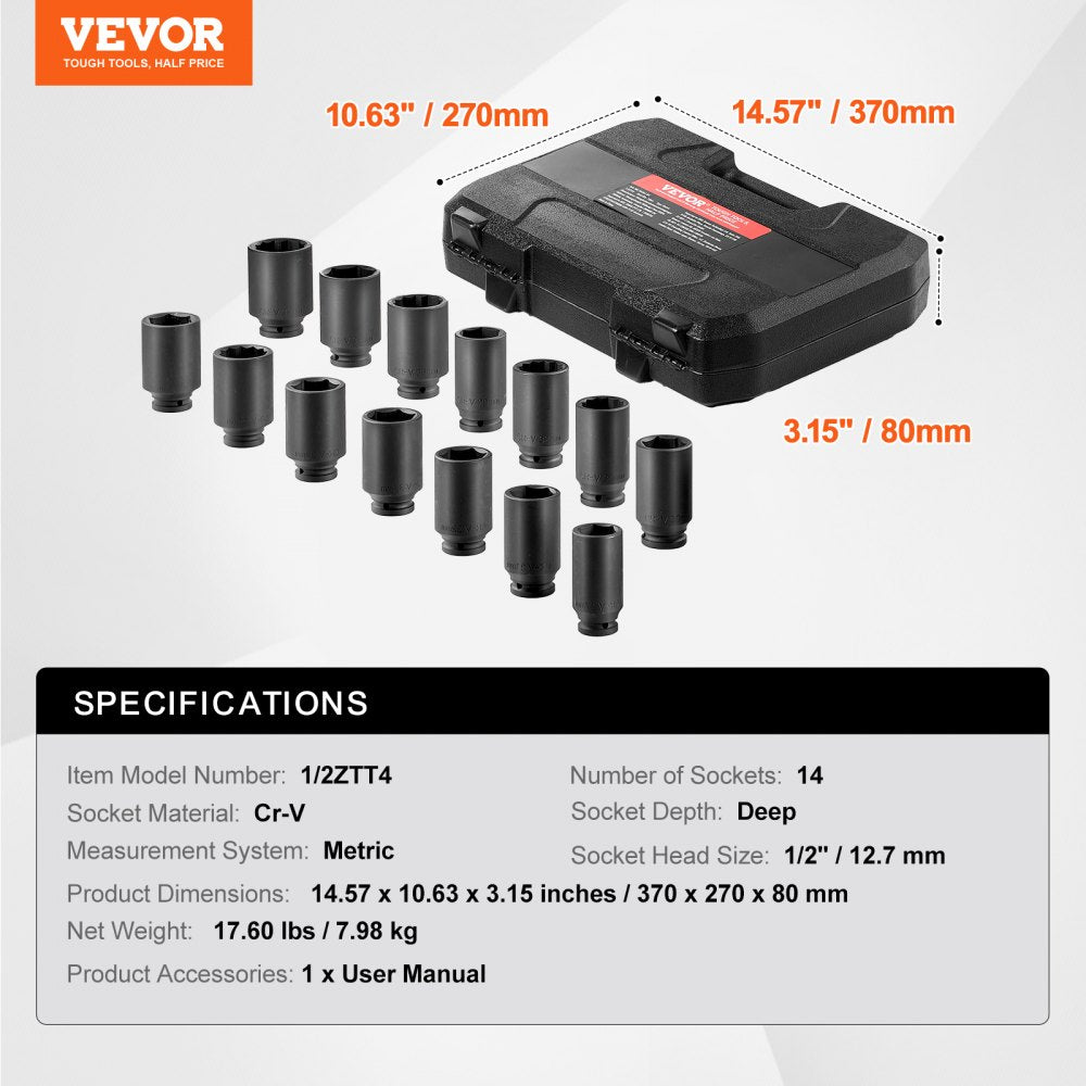 VEVOR Axle Nut Impact Socket Set 1/2" Drive Deep 6+12-Point 14PCS Metric Socket 