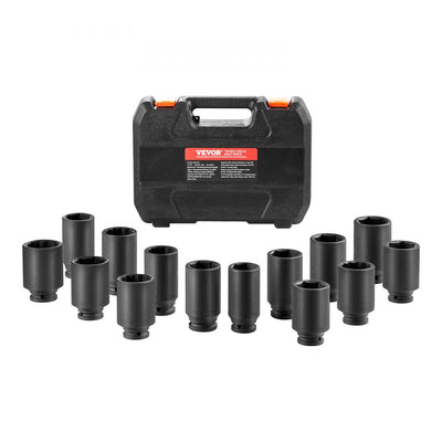 VEVOR Axle Nut Impact Socket Set 1/2" Drive Deep 6+12-Point 14PCS Metric Socket 