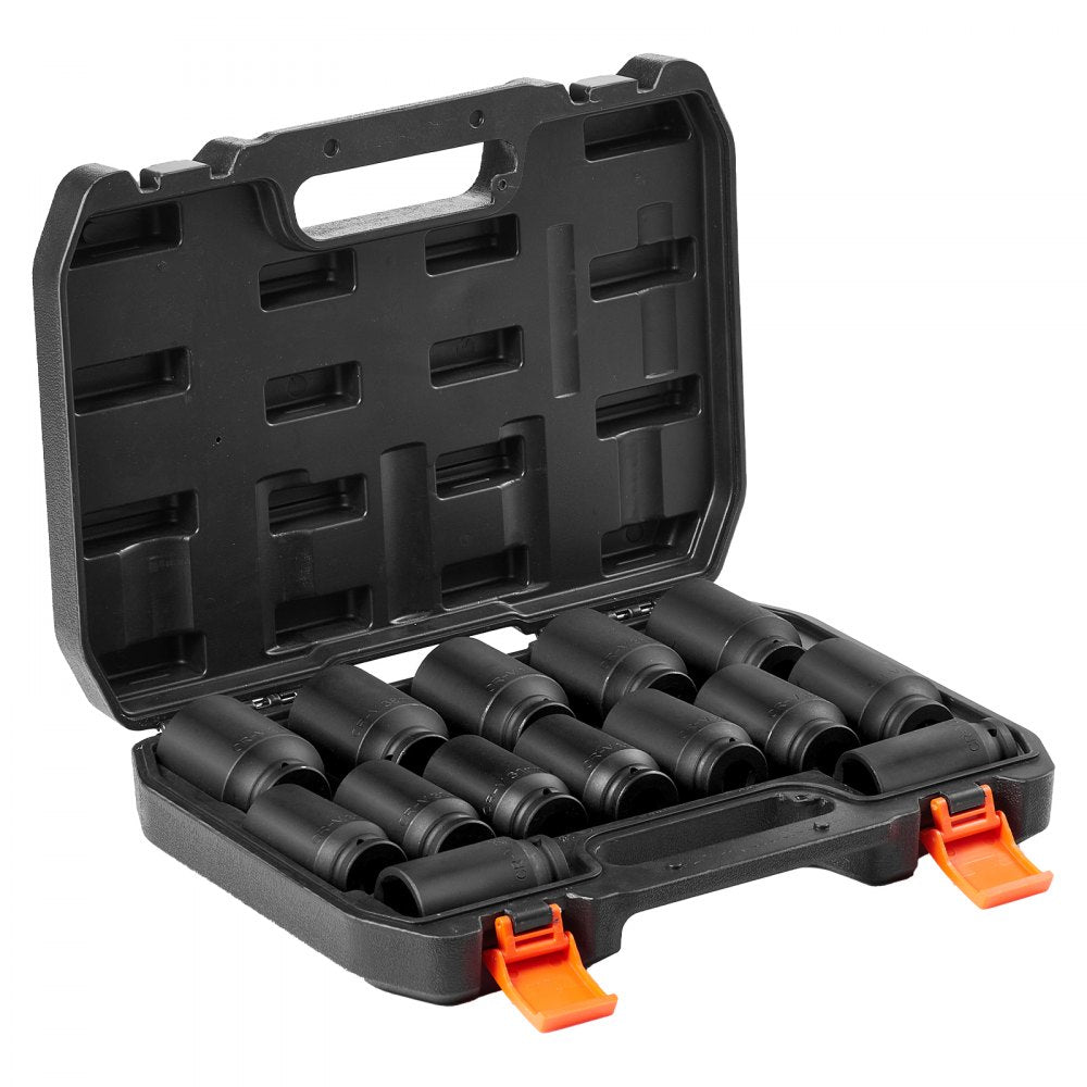 VEVOR Axle Nut Impact Socket Set 1/2" Drive Deep 6+12-Point 14PCS Metric Socket 